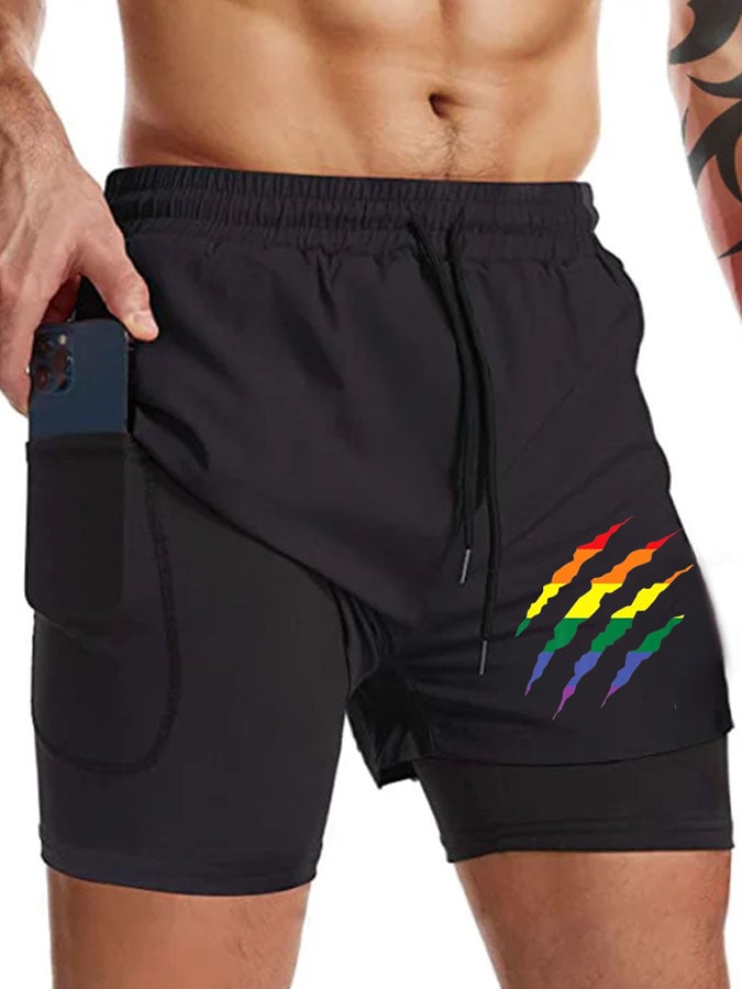 Men's Gay Pride Print Double Layer Shorts (With Pockets)