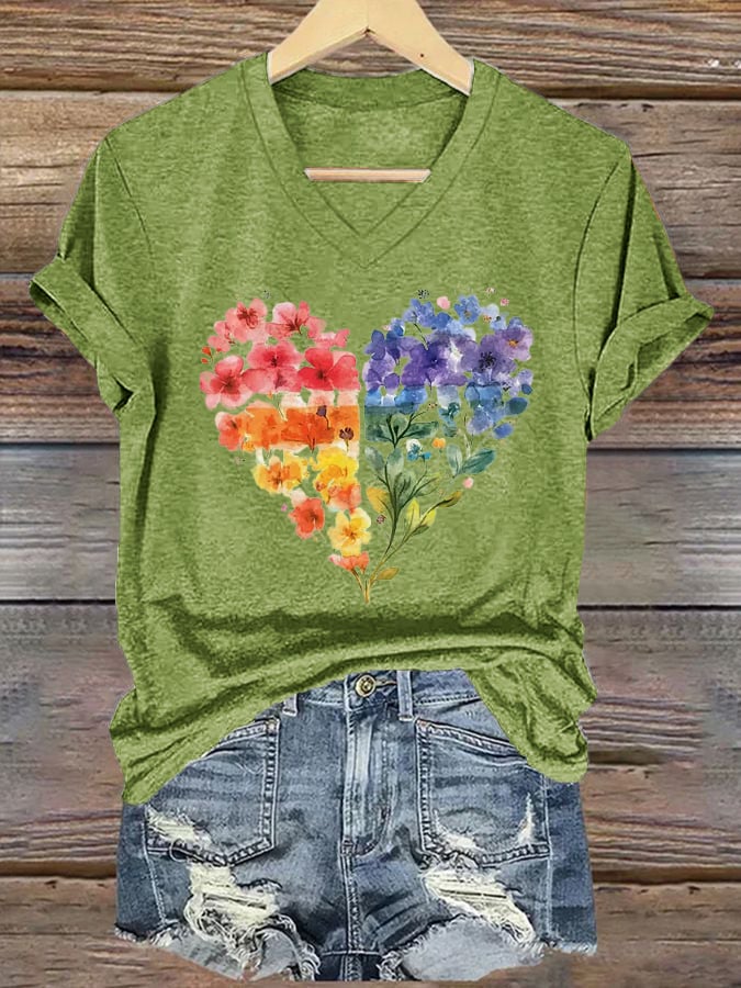 V-Neck Retro Pride Floral Heart Rainbow Pride Month Human Rights Equality Print T-Shirt