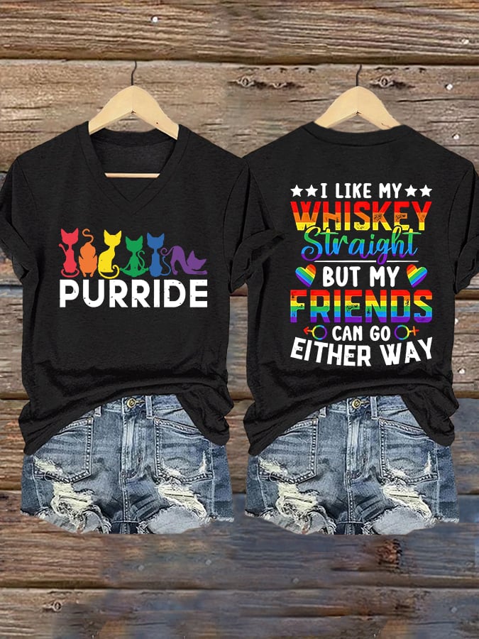 Women's Pride Month Funny Slogans I Like Whiskey Straigh But My Friends Can Go Either Way V-Neck Printed T-Shirt Top