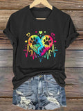 Women's Rainbow Color ECG Cute Dog Paw Print Round Neck Print T-Shirt Top