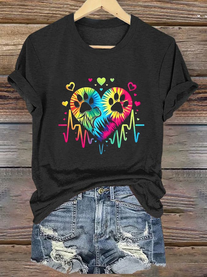 Women's Rainbow Color ECG Cute Dog Paw Print Round Neck Print T-Shirt Top