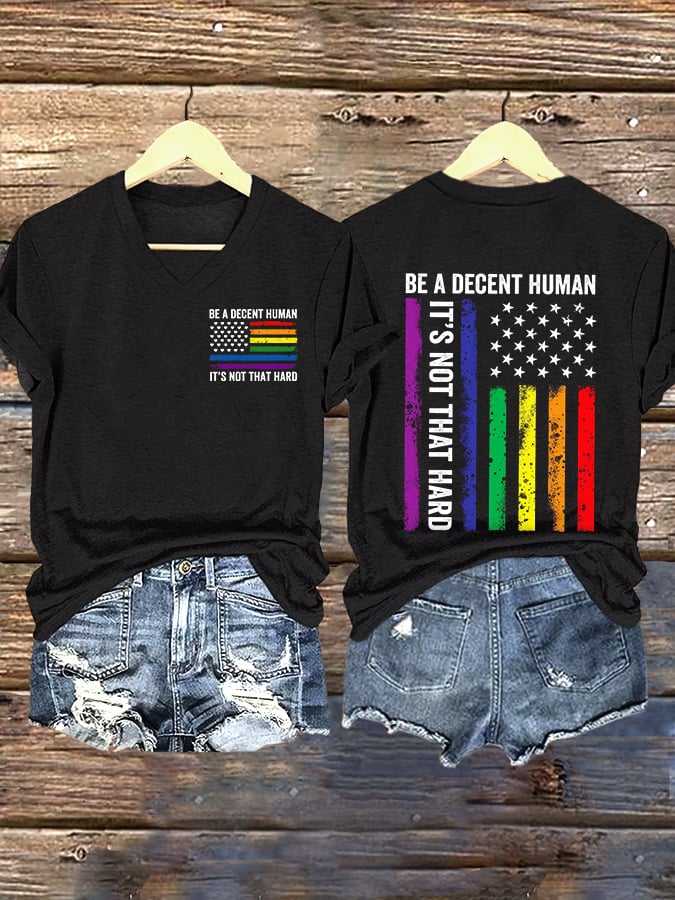 V-Neck Retro Be A Decent Human It's Not That Hard Print T-Shirt