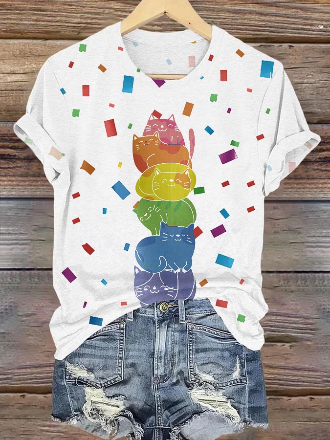 Retro Pride Parade Cats Print T-Shirt