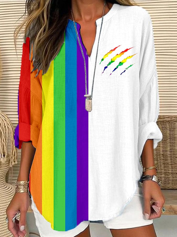 Women's Vintage Pride Month Print Casual Long Sleeve V Neck Shirt