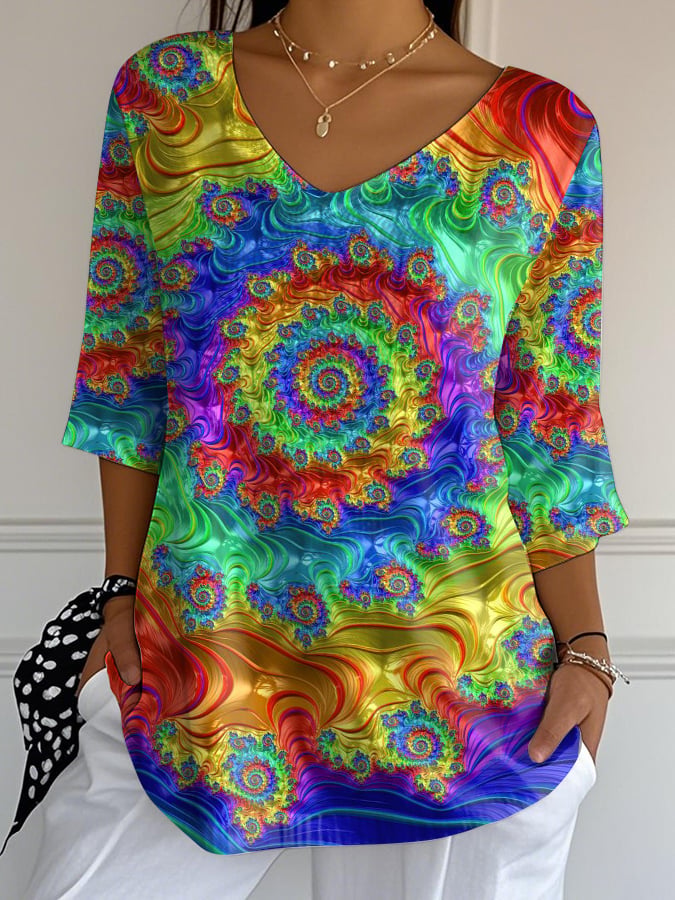 Women's Casual Fashion Rainbow Floral Print Bubble Wrinkle Cotton and Linen Top