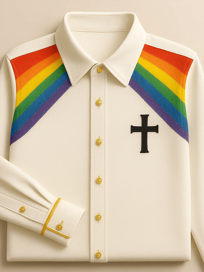 Men's Vintage  Rainbow Art Print Long Sleeve Shirt