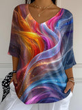 Women's Casual Fashion Rainbow Printed Bubble Wrinkled Cotton and Linen Top
