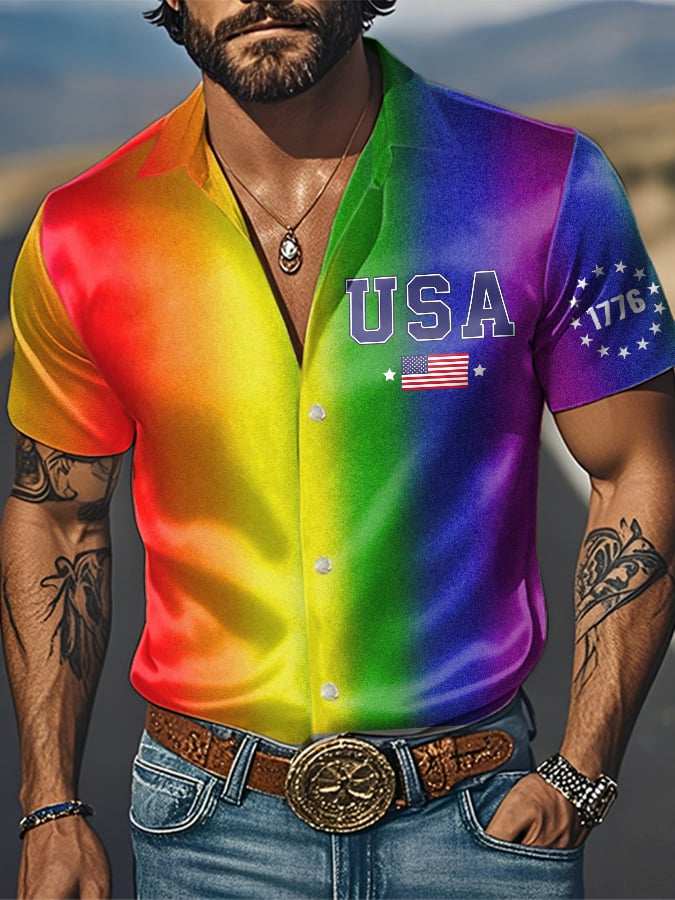 Men's Fashion Casual Rainbow Satin Gay Independence Day Shirt