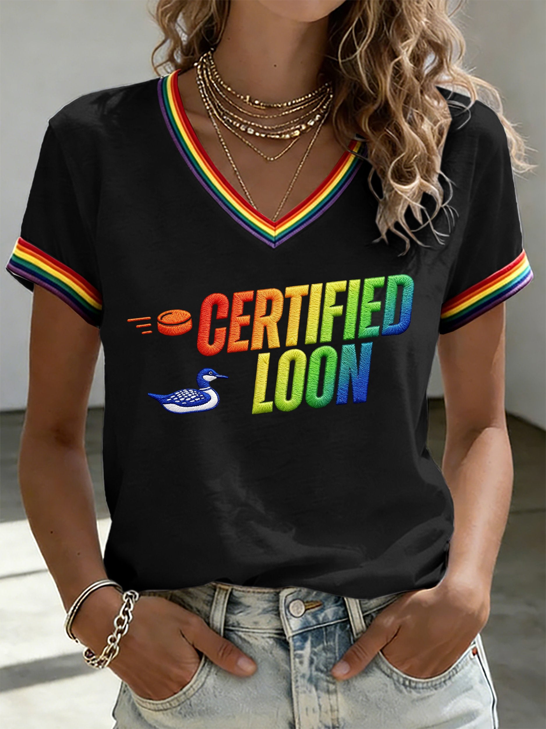 Women's Certified Loon Print V Neck T-shirt