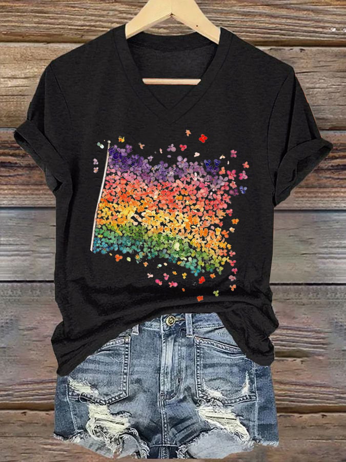 V-Neck Retro Pride Floral Flag Rainbow Pride Month Human Rights Equality Print T-Shirt