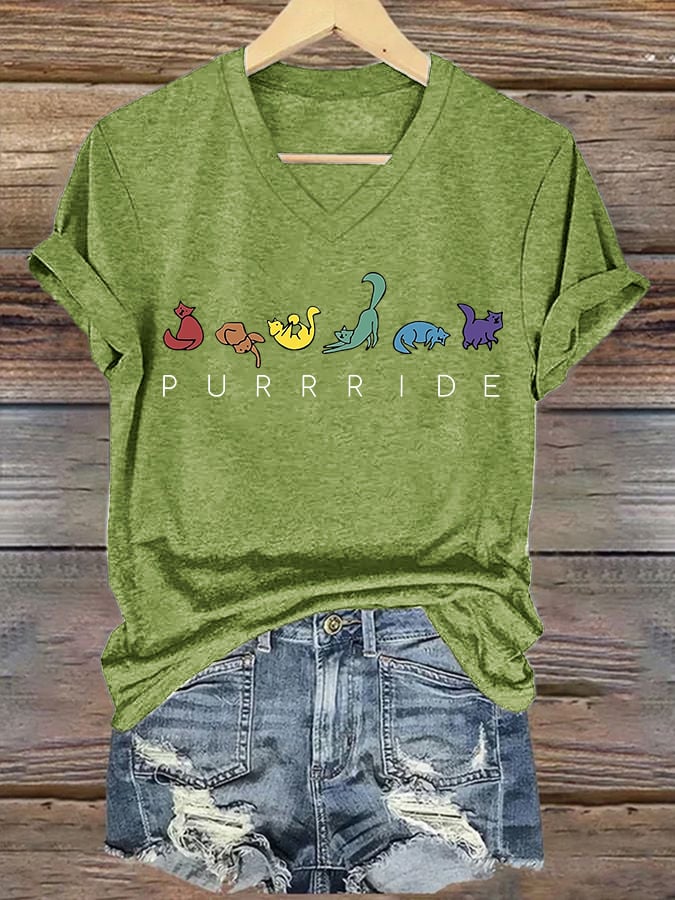 V-Neck Retro Cat Purrride Purrr Pride  Print T-Shirt