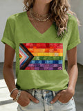V-Neck Retro Patchwork Pride LGBTQ Progress Flag Rainbow Equality Print T-Shirt