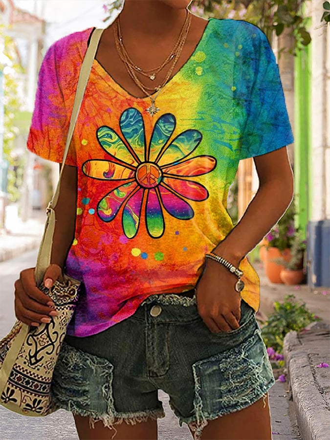 Women's Casual Rainbow Floral T-Shirt