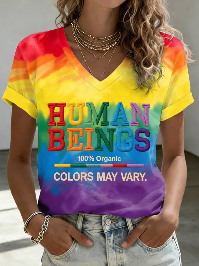Women's Human Beings Colors May Vary Print V Neck T-shirt