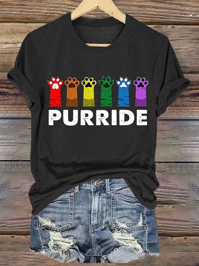 Women's Rainbow Cute Cat Paw Round Neck Print T-shirt Top