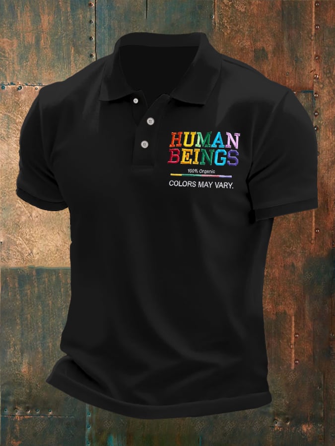 Man's Vintage Human Beings 100% Organic Colors May Vary Human Rights Equality Pride Printed Polo Shirt