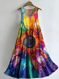 Women's Casual Cotton And Linen Rainbow Floral Dress