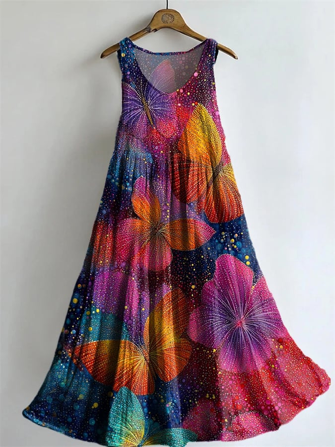 Women's Casual Cotton And Linen Rainbow Butterfly Dress