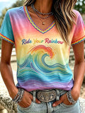 Women's Casual Pride Month Rainbow  Print Short-Sleeve T-Shirt