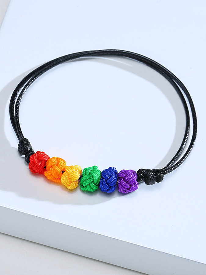 Unisex Black Wax Rope Handwoven Rainbow Knot Adjustable Bracelet
