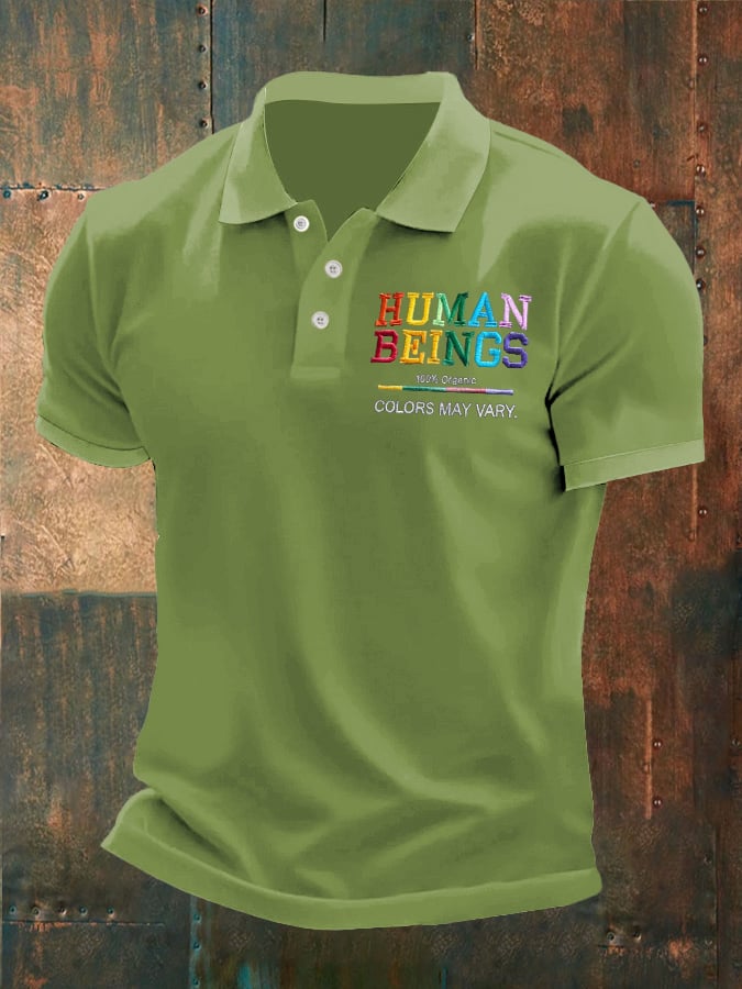Man's Vintage Human Beings 100% Organic Colors May Vary Human Rights Equality Pride Printed Polo Shirt