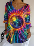 Women's Casual Fashion Rainbow Sun And Moon Print Bubble Wrinkled Cotton And Linen Top