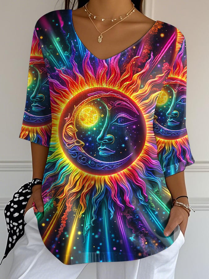 Women's Casual Fashion Rainbow Sun And Moon Print Bubble Wrinkled Cotton And Linen Top