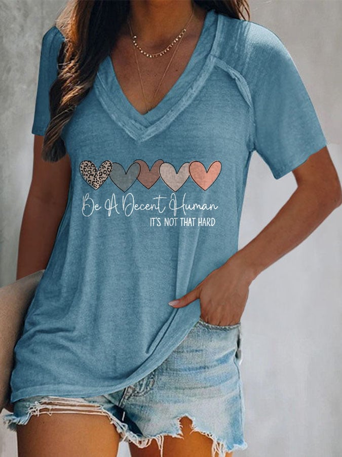 V-Neck Retro Be A Decent Human It's Not That Hard Print T-Shirt
