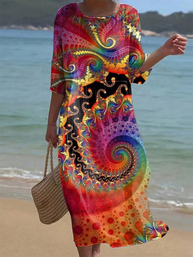 Women's Casual Retro Colorful Floral Cotton And Linen Dress