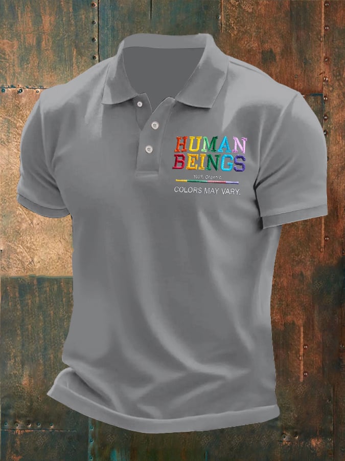 Man's Vintage Human Beings 100% Organic Colors May Vary Human Rights Equality Pride Printed Polo Shirt