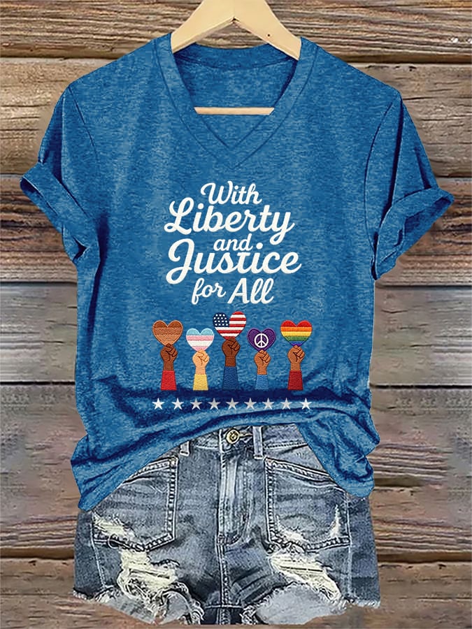 V-Neck Retro With Liberty And Justice For All Print T-Shirt