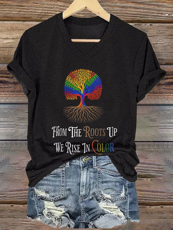 V-Neck Retro From The Roots Up We Rise In Color Print T-Shirt