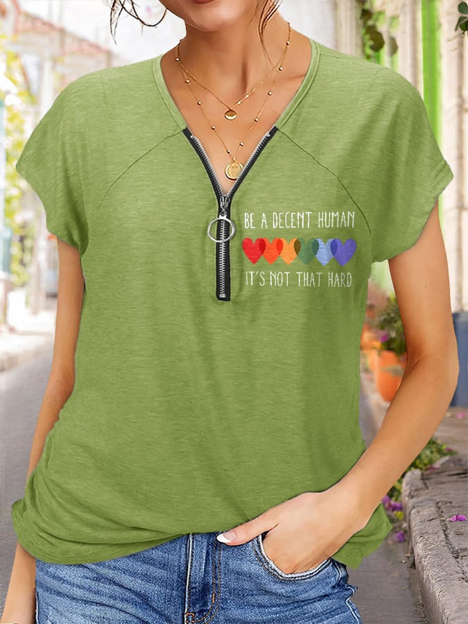 V-Neck Retro Be A Decent Human It's Not That Hard Raglan Sleeve Zip-Up T-Shirt
