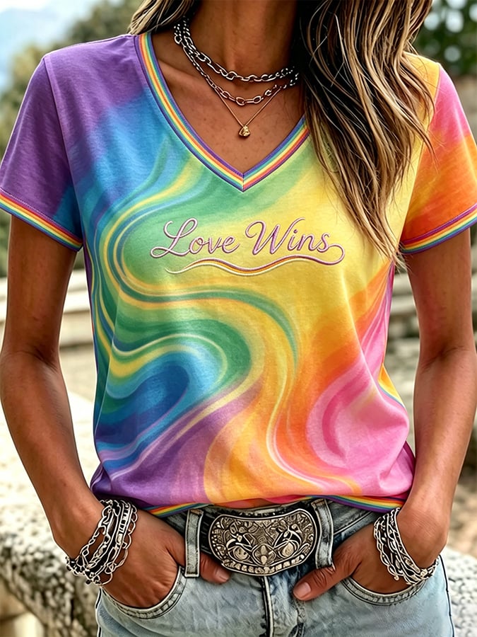 Women's Casual Pride Month Rainbow  Print Short-Sleeve T-Shirt