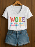 V-Neck Retro Women Woke Just Means You Give A Damn About People Print T-Shirt