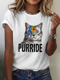 Women's Rainbow Cute Cat Round Neck Print T-Shirt Top
