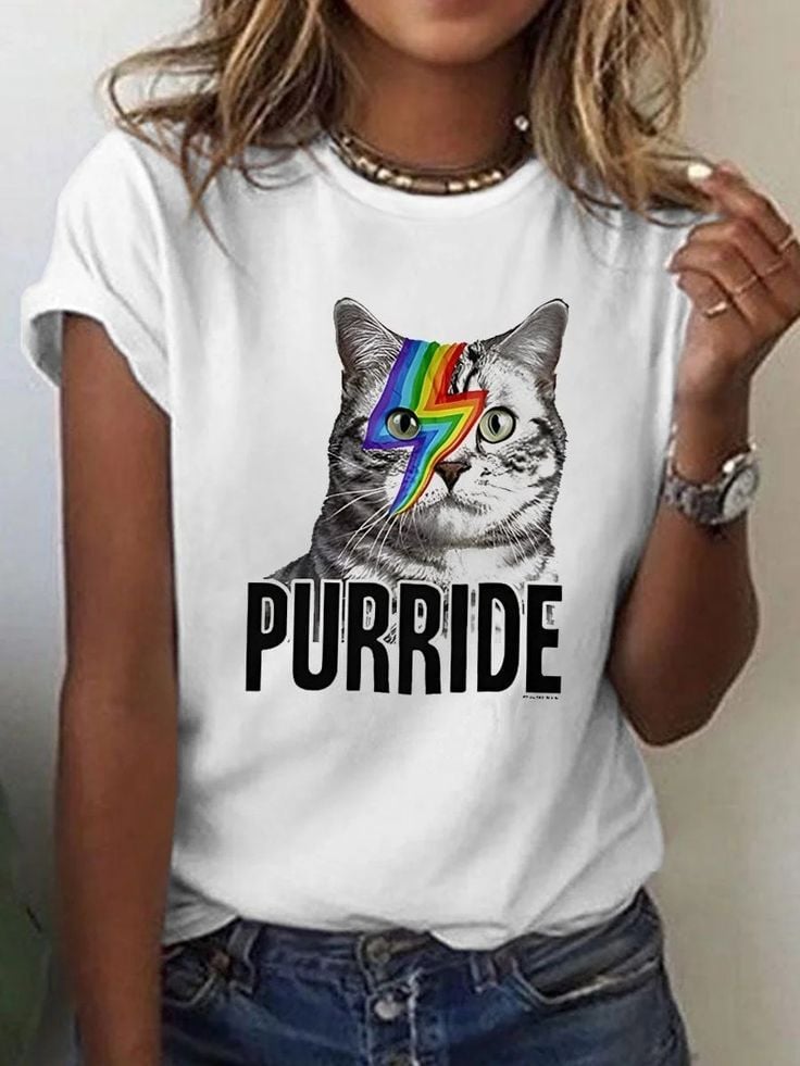 Women's Rainbow Cute Cat Round Neck Print T-Shirt Top