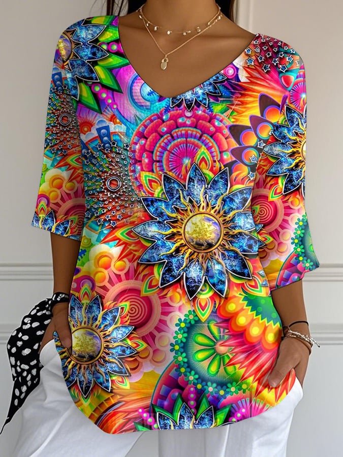 Women's Casual Fashion Rainbow Floral Print Bubble Wrinkle Cotton and Linen Top