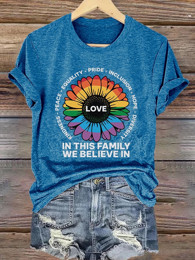 Retro Love In This Family We Believe In Kindness Peace Equality Pride Inclusion Hope Diversity Print T-Shirt
