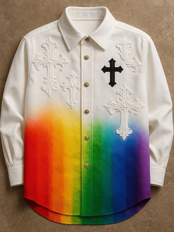 Men's Vintage  Rainbow Art Print Long Sleeve Shirt
