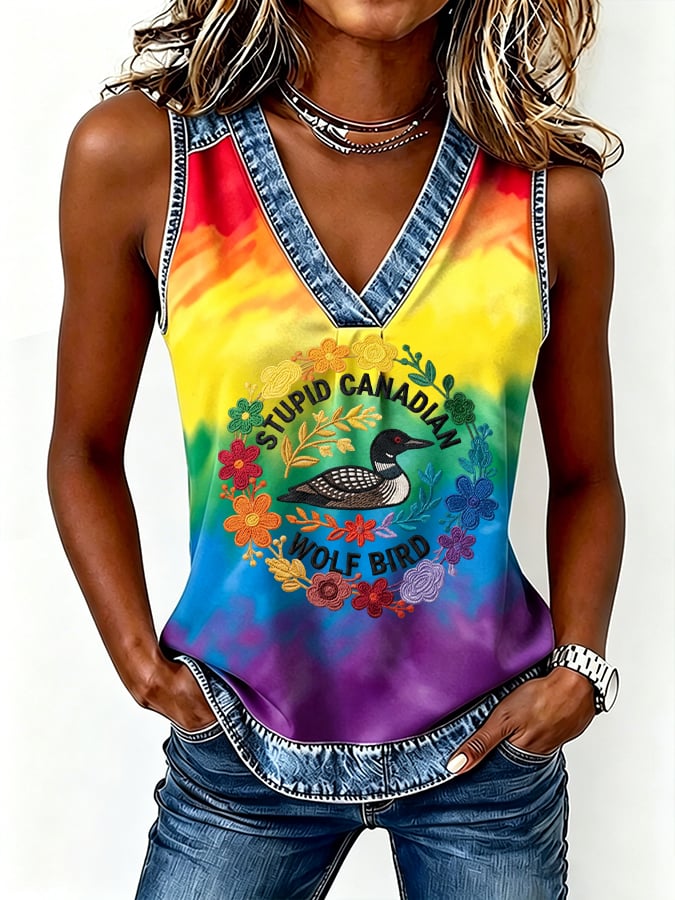 Women's Stupid Canadian Wolf Bird Print Vest