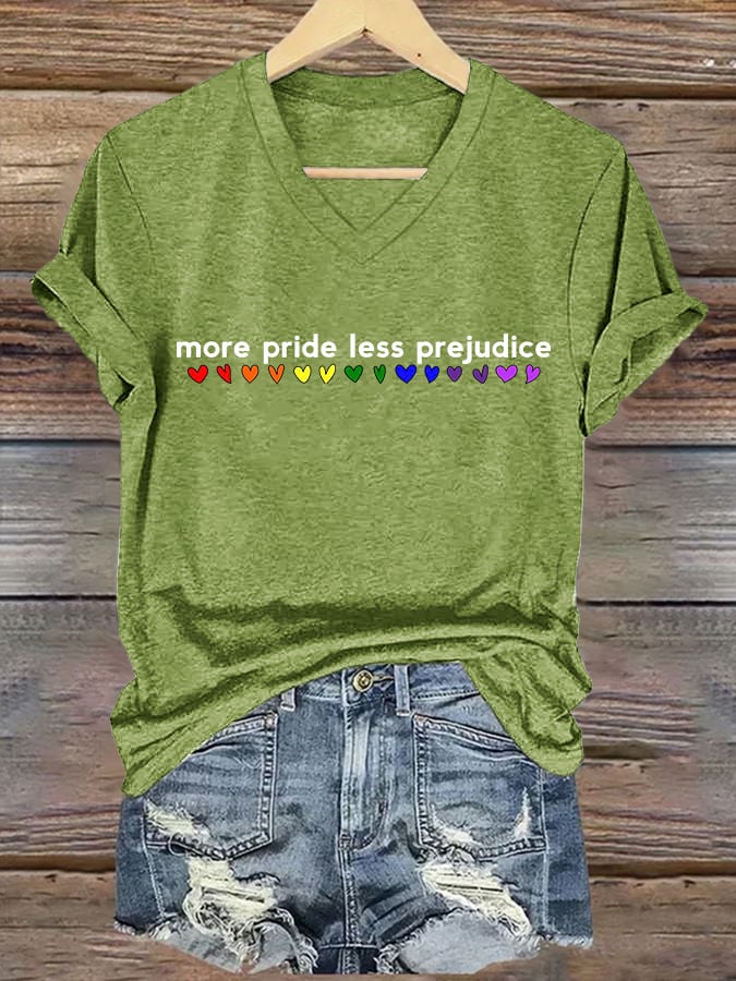 V-Neck Retro Pride Rainbow More Pride Less Prejudice Print T-Shirt