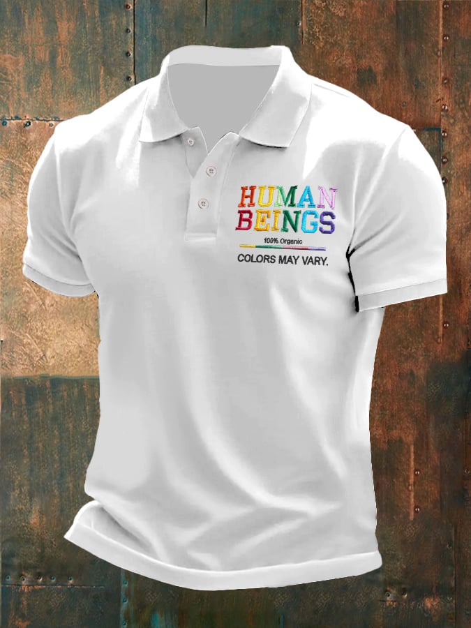 Man's Vintage Human Beings 100% Organic Colors May Vary Human Rights Equality Pride Printed Polo Shirt