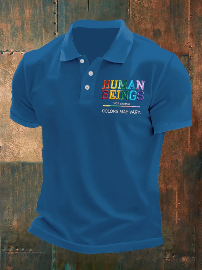 Man's Vintage Human Beings 100% Organic Colors May Vary Human Rights Equality Pride Printed Polo Shirt