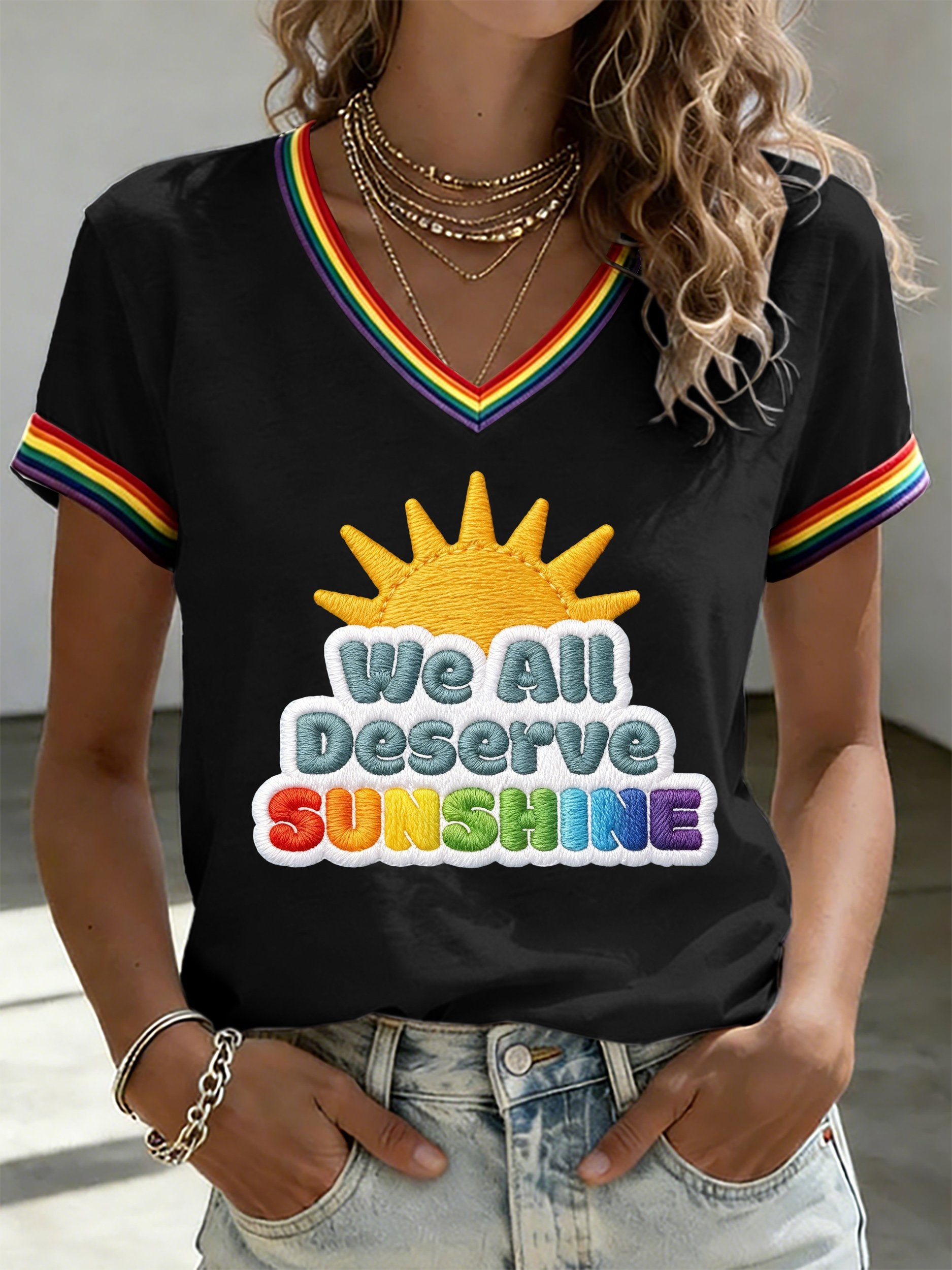 Women's We All Deserve Sunshine Print V Neck T-shirt
