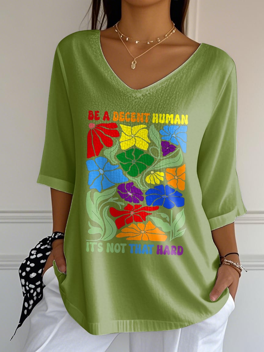 V-Neck Retro Be A Decent Human It's Not That Hard Print T-Shirt