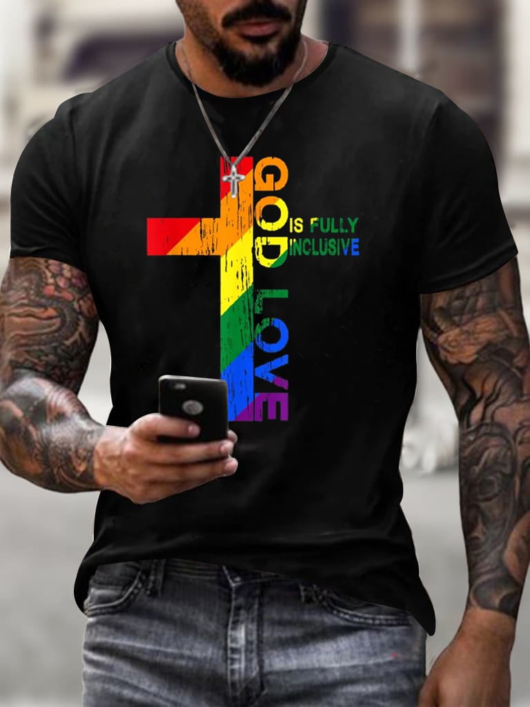 Men's Rainbow Pride Month Faith Cross GOD LOVE Printed Round Neck Casual T-Shirt