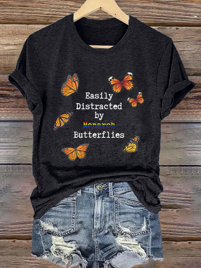 Women'sEasily Distracted By Monarch Butterflies Printed T-Shirts