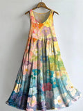 Women's Casual Cotton And Linen Rainbow Floral Dress