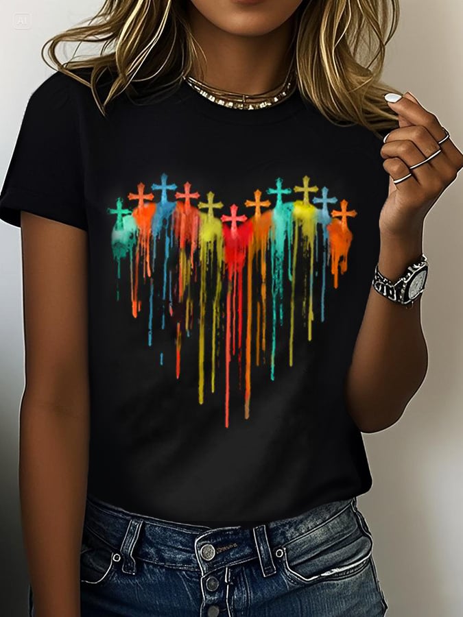Women's Rainbow Cross Crew Neck Print T-Shirt Top